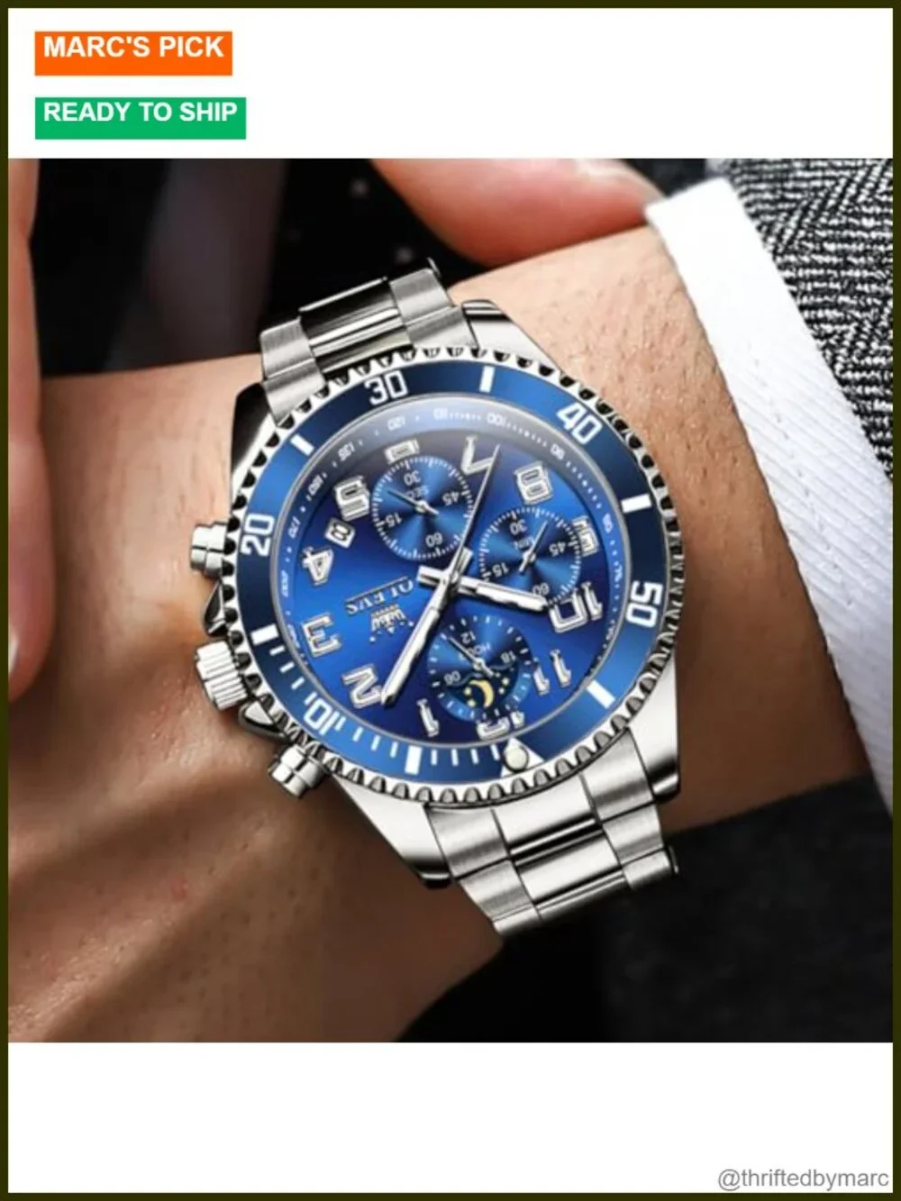 Men's Stainless Steel Watch Quartz Movement Chronograph Waterproof